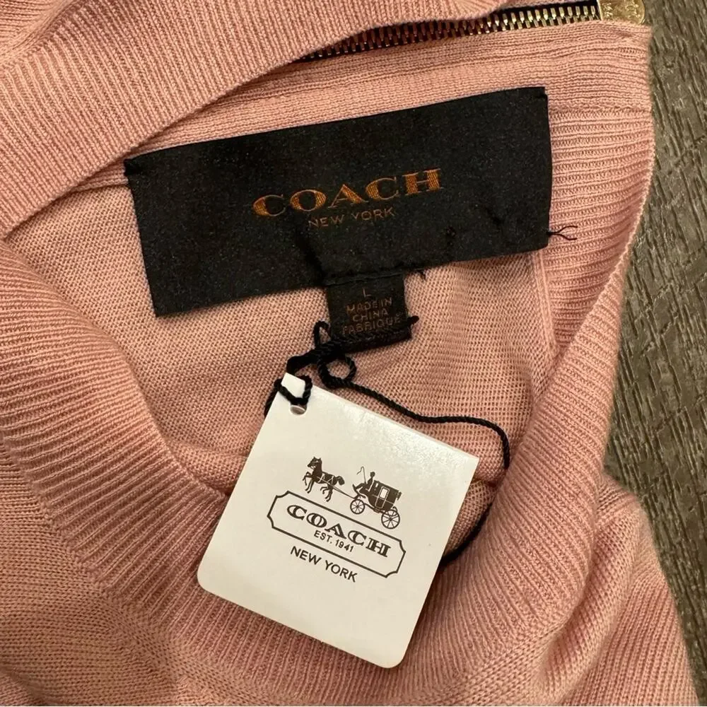 NWT FLAWED Coach Merino Wool Zip Back Deco Pink Crew Sweater Size Large